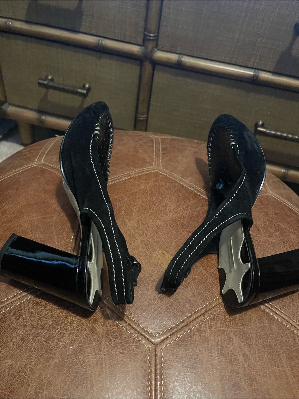 Max Studio Black Suede & Patent Leather Slingback Loafers w 4" heels